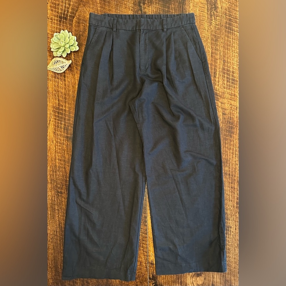 GAP | Linen-Cotton Blend High-Waisted Wide-Leg Pleated Trousers, Black, Size 12